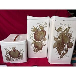 Vintage Ransburg Fruit Design White Rectangular Cannister Set of 3 Stackable
